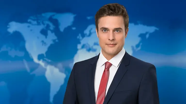Mann in Anzug mit roter Krawatte, stehend vor einer Weltkarte im Hintergrund.